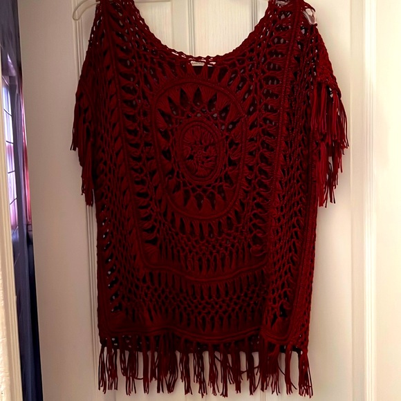 Jonathan Paul Richard Tops - Burgundy, crochet, top with fringe size small